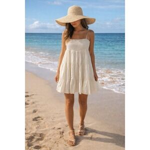 Zara Womens Cream Smocked Tiered Mini Dress Gauzy Cotton Beachy Basic Small